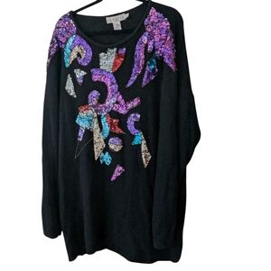 Vintage Venezia Sequin Oversized Black Silk & Angora ‎ Sweater Dress Size 26/28
